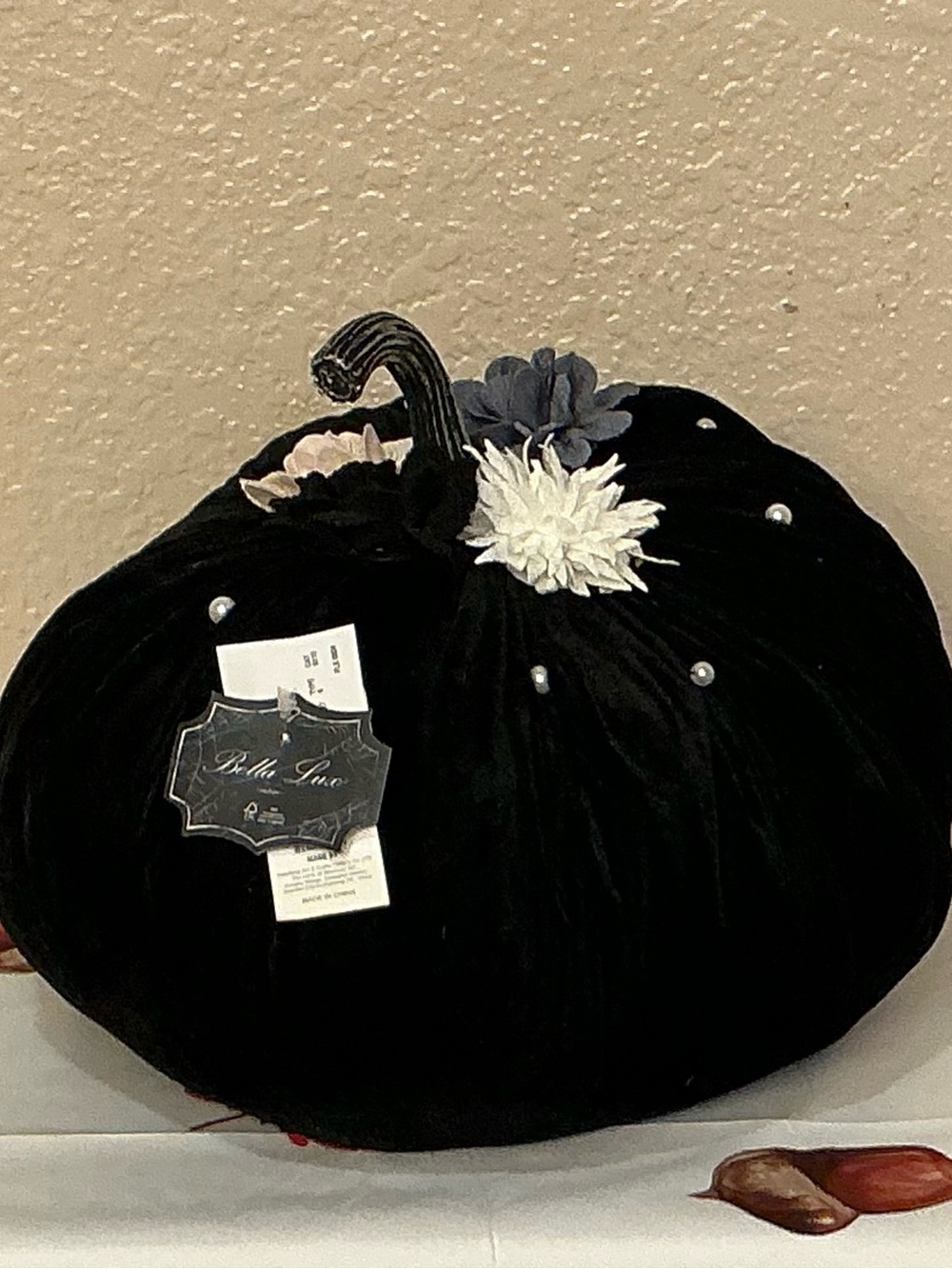 Bella Luxx Black Velvet Pumpkin with Flowers & Faux Pearl Accents